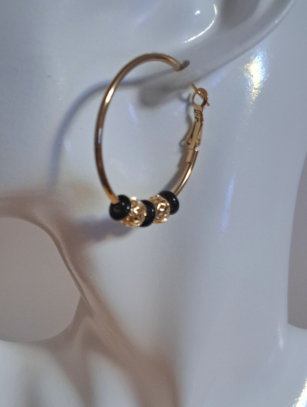 14K Gold Plated Stainless Steel Hoops with Black Glass & 14K Gold Cage Beads